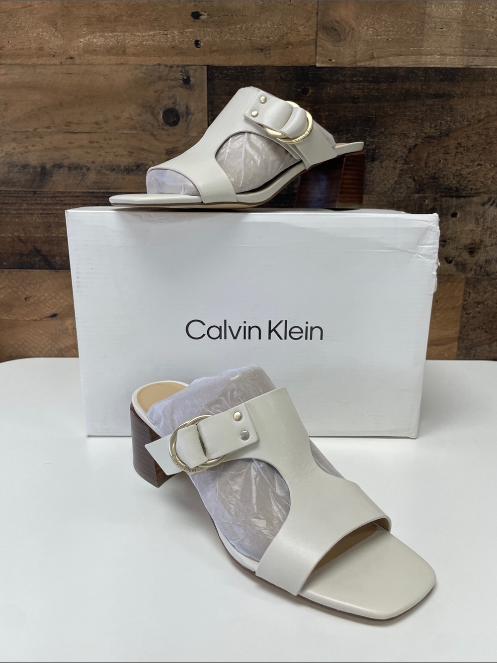 Calvin Klein Women's Cream Leather Buckle Block Heel Mules